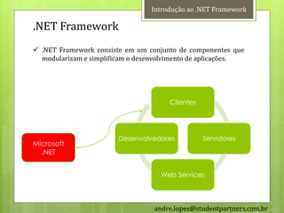 Introdução ao .NET Framework

.NET Framework
 .NET Framework consiste em um conjunto de componentes que
  modularizam e simplificam o desenvolvimento de aplicações.




                                      Clientes




                        Desenvolvedores          Servidores
Microsoft
  .NET


                                    Web Services




                                  andre.lopes@studentpartners.com.br
 