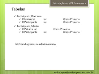 Introdução ao .NET Framework

Tabelas
  Participante_Minicurso
     IDMinicurso         int              Chave Primária
     IDParticipante      int              Chave Primária
  Participante_Palestra
     IDPalestra int               Chave Primária
     IDParticipante       int              Chave Primária



   Criar diagramas de relacionamento




                                   andre.lopes@studentpartners.com.br
 