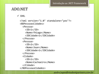 Introdução ao .NET Framework

ADO.NET
   XML
   <?xml version="1.0" standalone="yes"?>
   <BDPessoasCidades>
     <Pessoa>
       <ID>1</ID>
       <Nome>Thiago</Nome>
       <IDCidade>1</IDCidade>
     </Pessoa>
     <Pessoa>
       <ID>2</ID>
       <Nome>Jean</Nome>
       <IDCidade>1</IDCidade>
     </Pessoa>
     <Cidade>
       <ID>1</ID>
       <Nome>Cachoeiro</Nome>
     </Cidade>
   </BDPessoasCidades>
                            andre.lopes@studentpartners.com.br
 