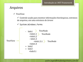 Introdução ao .NET Framework

  Arquivos
       TreeView
            Controle usado para mostrar informações hierárquicas, estrutura
           de arquivos, em uma estrutura de árvore

            System.Windows.Forms


                   - Info1         TreeNode
                       +Info1.1       TreeNode
                       +Info1.2
                       - Info1.3
TreeView                     +Info1.3.1    TreeNode
                       +Info1.4
                   + Info2
                   + Info3
                      +Info3.1



                                         andre.lopes@studentpartners.com.br
 