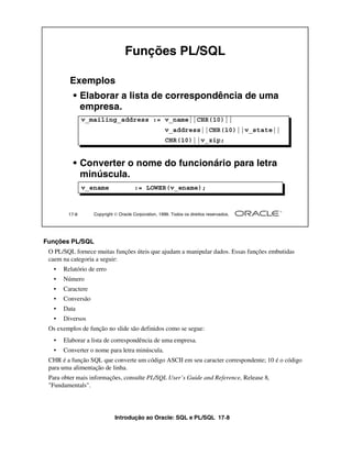 Introdução ao Oracle: SQL e PL/SQL 17-8
17-8 Copyright  Oracle Corporation, 1999. Todos os direitos reservados.
Funções PL/SQL
Exemplos
• Elaborar a lista de correspondência de uma
empresa.
• Converter o nome do funcionário para letra
minúscula.
v_mailing_address := v_name||CHR(10)||
v_address||CHR(10)||v_state||
CHR(10)||v_zip;
v_ename := LOWER(v_ename);
Funções PL/SQL
O PL/SQL fornece muitas funções úteis que ajudam a manipular dados. Essas funções embutidas
caem na categoria a seguir:
• Relatório de erro
• Número
• Caractere
• Conversão
• Data
• Diversos
Os exemplos de função no slide são definidos como se segue:
• Elaborar a lista de correspondência de uma empresa.
• Converter o nome para letra minúscula.
CHR é a função SQL que converte um código ASCII em seu caracter correspondente; 10 é o código
para uma alimentação de linha.
Para obter mais informações, consulte PL/SQL User’s Guide and Reference, Release 8,
"Fundamentals".
 