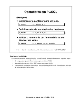 Introdução ao Oracle: SQL e PL/SQL 17-15
Operadores em PL/SQL
Ao trabalhar com nulos, evite alguns erros bastante comuns mantendo em mente as seguintes regras:
• As comparações que envolvem nulos sempre produzem NULL.
• A aplicação do operador lógico NOT em um nulo produz NULL.
• Em instruções de controle condicionais, se a condição produzir NULL, sua seqüência associada
de instruções não será executada.
17-15 Copyright  Oracle Corporation, 1999. Todos os direitos reservados.
Exemplos
• Incrementar o contador para um loop.
• Definir o valor de um sinalizador booleano.
• Validar o número de um funcionário se ele
contiver um valor.
Operadores em PL/SQL
v_count := v_count + 1;
v_equal := (v_n1 = v_n2);
v_valid := (v_empno IS NOT NULL);
 