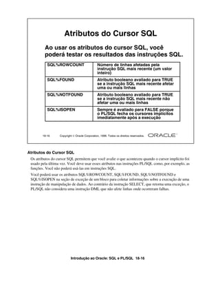 Introdução ao Oracle: SQL e PL/SQL 18-16
18-16 Copyright  Oracle Corporation, 1999. Todos os direitos reservados.
Atributos do Cursor SQL
Ao usar os atributos do cursor SQL, você
poderá testar os resultados das instruções SQL.
SQL%ROWCOUNT Número de linhas afetadas pela
instrução SQL mais recente (um valor
inteiro)
SQL%FOUND Atributo booleano avaliado para TRUE
se a instrução SQL mais recente afetar
uma ou mais linhas
SQL%NOTFOUND Atributo booleano avaliado para TRUE
se a instrução SQL mais recente não
afetar uma ou mais linhas
SQL%ISOPEN Sempre é avaliado para FALSE porque
o PL/SQL fecha os cursores implícitos
imediatamente após a execução
Atributos do Cursor SQL
Os atributos do cursor SQL permitem que você avalie o que aconteceu quando o cursor implícito foi
usado pela última vez. Você deve usar esses atributos nas instruções PL/SQL como, por exemplo, as
funções. Você não poderá usá-las em instruções SQL.
Você poderá usar os atributos SQL%ROWCOUNT, SQL%FOUND, SQL%NOTFOUND e
SQL%ISOPEN na seção de exceção de um bloco para coletar informações sobre a execução de uma
instrução de manipulação de dados. Ao contrário da instrução SELECT, que retorna uma exceção, o
PL/SQL não considera uma instrução DML que não afete linhas onde ocorreram falhas.
 