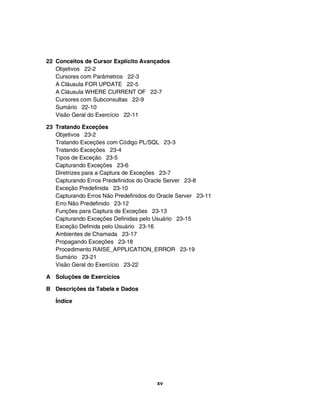 22 Conceitos de Cursor Explícito Avançados
Objetivos 22-2
Cursores com Parâmetros 22-3
A Cláusula FOR UPDATE 22-5
A Cláusula WHERE CURRENT OF 22-7
Cursores com Subconsultas 22-9
Sumário 22-10
Visão Geral do Exercício 22-11
23 Tratando Exceções
Objetivos 23-2
Tratando Exceções com Código PL/SQL 23-3
Tratando Exceções 23-4
Tipos de Exceção 23-5
Capturando Exceções 23-6
Diretrizes para a Captura de Exceções 23-7
Capturando Erros Predefinidos do Oracle Server 23-8
Exceção Predefinida 23-10
Capturando Erros Não Predefinidos do Oracle Server 23-11
Erro Não Predefinido 23-12
Funções para Captura de Exceções 23-13
Capturando Exceções Definidas pelo Usuário 23-15
Exceção Definida pelo Usuário 23-16
Ambientes de Chamada 23-17
Propagando Exceções 23-18
Procedimento RAISE_APPLICATION_ERROR 23-19
Sumário 23-21
Visão Geral do Exercício 23-22
A Soluções de Exercícios
B Descrições da Tabela e Dados
Índice
xv
 