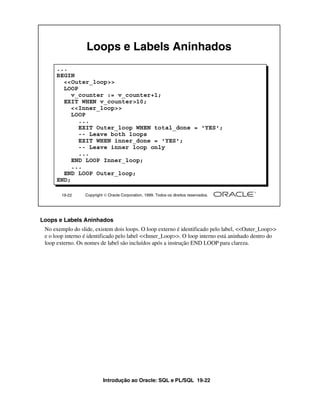 Introdução ao Oracle: SQL e PL/SQL 19-22
19-22 Copyright  Oracle Corporation, 1999. Todos os direitos reservados.
Loops e Labels Aninhados
...
BEGIN
<<Outer_loop>>
LOOP
v_counter := v_counter+1;
EXIT WHEN v_counter>10;
<<Inner_loop>>
LOOP
...
EXIT Outer_loop WHEN total_done = 'YES';
-- Leave both loops
EXIT WHEN inner_done = 'YES';
-- Leave inner loop only
...
END LOOP Inner_loop;
...
END LOOP Outer_loop;
END;
Loops e Labels Aninhados
No exemplo do slide, existem dois loops. O loop externo é identificado pelo label, <<Outer_Loop>>
e o loop interno é identificado pelo label <<Inner_Loop>>. O loop interno está aninhado dentro do
loop externo. Os nomes de label são incluídos após a instrução END LOOP para clareza.
 