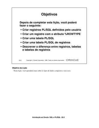 Introdução ao Oracle: SQL e PL/SQL 20-2
Objetivo da Lição
Nesta lição, você aprenderá mais sobre os tipos de dados compostos e seus usos.
20-2 Copyright  Oracle Corporation, 1999. Todos os direitos reservados.
Objetivos
Depois de completar esta lição, você poderá
fazer o seguinte:
• Criar registros PL/SQL definidos pelo usuário
• Criar um registro com o atributo %ROWTYPE
• Criar uma tabela PL/SQL
• Criar uma tabela PL/SQL de registros
• Descrever a diferença entre registros, tabelas
e tabelas de registros
 
