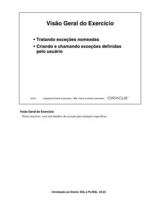 Introdução ao Oracle: SQL e PL/SQL 23-22
23-22 Copyright © Oracle Corporation, 1999. Todos os direitos reservados.
Visão Geral do Exercício
• Tratando exceções nomeadas
• Criando e chamando exceções definidas
pelo usuário
Visão Geral do Exercício
Neste exercício, você cria handlers de exceção para situações específicas.
 