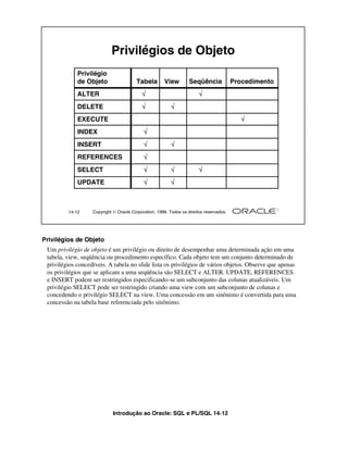 Introdução ao Oracle: SQL e PL/SQL 14-12
Privilégios de Objeto
Um privilégio de objeto é um privilégio ou direito de desempenhar uma determinada ação em uma
tabela, view, seqüência ou procedimento específico. Cada objeto tem um conjunto determinado de
privilégios concedíveis. A tabela no slide lista os privilégios de vários objetos. Observe que apenas
os privilégios que se aplicam a uma seqüência são SELECT e ALTER. UPDATE, REFERENCES
e INSERT podem ser restringidos especificando-se um subconjunto das colunas atualizáveis. Um
privilégio SELECT pode ser restringido criando uma view com um subconjunto de colunas e
concedendo o privilégio SELECT na view. Uma concessão em um sinônimo é convertida para uma
concessão na tabela base referenciada pelo sinônimo.
14-12 Copyright  Oracle Corporation, 1999. Todos os direitos reservados.
Privilégio
de Objeto Tabela View Seqüência Procedimento
ALTER √ √
DELETE √ √
EXECUTE √
INDEX √
INSERT √ √
REFERENCES √
SELECT √ √ √
UPDATE √ √
Privilégios de Objeto
 