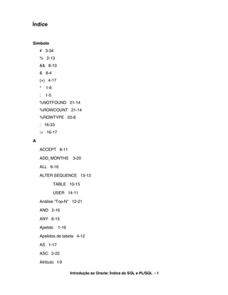 Símbolo
# 3-34
% 2-13
&& 8-10
& 8-4
(+) 4-17
* 1-6
; 1-5
%NOTFOUND 21-14
%ROWCOUNT 21-14
%ROWTYPE 20-8
: 16-33
:= 16-17
A
ACCEPT 8-11
ADD_MONTHS 3-20
ALL 6-16
ALTER SEQUENCE 13-13
TABLE 10-15
USER 14-11
Análise "Top-N" 12-21
AND 2-16
ANY 6-15
Apelido 1-16
Apelidos de tabela 4-12
AS 1-17
ASC 2-22
Atributo I-9
Índice
Introdução ao Oracle: Índice do SQL e PL/SQL - 1
 