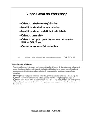 Introdução ao Oracle: SQL e PL/SQL 15-2
15-2 Copyright  Oracle Corporation, 1999. Todos os direitos reservados.
Visão Geral do Workshop
• Criando tabelas e seqüências
• Modificando dados nas tabelas
• Modificando uma definição de tabela
• Criando uma view
• Criando scripts que contenham comandos
SQL e SQL*Plus
• Gerando um relatório simples
Visão Geral do Workshop
Neste workshop você estruturará um conjunto de tabelas de bancos de dados para uma aplicação de
vídeo. Ao criar as tabelas, você inserirá, atualizará e deletará registros em um banco de dados de
armazenamento de vídeo e gerará um relatório. O banco de dados contém apenas as tabelas
essenciais.
Observação: Se você quiser estruturar as tabelas, poderá executar o script buildtab.sql no
SQL*Plus. Se você quiser eliminar as tabelas, poderá executar o script dropvid.sql no
SQL*Plus. Você poderá então executar o script buildvid.sql no SQL*Plus para criar e povoar
a tabela. Se você usar o script buildvid.sql para estruturar e povoar as tabelas, inicie com o
Exercício 6b.
 
