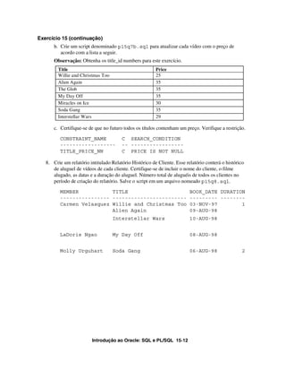 Introdução ao Oracle: SQL e PL/SQL 15-12
Exercício 15 (continuação)
b. Crie um script denominado p15q7b.sql para atualizar cada vídeo com o preço de
acordo com a lista a seguir.
Observação: Obtenha os title_id numbers para este exercício.
c. Certifique-se de que no futuro todos os títulos contenham um preço. Verifique a restrição.
CONSTRAINT_NAME C SEARCH_CONDITION
------------------ -- -----------------
TITLE_PRICE_NN C PRICE IS NOT NULL
8. Crie um relatório intitulado Relatório Histórico de Cliente. Esse relatório conterá o histórico
de aluguel de vídeos de cada cliente. Certifique-se de incluir o nome do cliente, o filme
alugado, as datas e a duração do aluguel. Número total de aluguéis de todos os clientes no
período de criação do relatório. Salve o script em um arquivo nomeado p15q8.sql.
MEMBER TITLE BOOK_DATE DURATION
---------------- ------------------------ --------- --------
Carmen Velasquez Willie and Christmas Too 03-NOV-97 1
Alien Again 09-AUG-98
Interstellar Wars 10-AUG-98
LaDoris Ngao My Day Off 08-AUG-98
Molly Urguhart Soda Gang 06-AUG-98 2
Title Price
Willie and Christmas Too 25
Alien Again 35
The Glob 35
My Day Off 35
Miracles on Ice 30
Soda Gang 35
Interstellar Wars 29
 