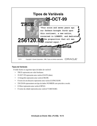 Introdução ao Oracle: SQL e PL/SQL 16-15
16-15 Copyright  Oracle Corporation, 1999. Todos os direitos reservados.
TRUE
Tipos de Variáveis
25-OCT-99
Atlanta
"Four score and seven years ago
our fathers brought forth upon
this continent, a new nation,
conceived in LIBERTY, and dedicated
to the proposition that all men
are created equal."256120.08
Tipos de Variáveis
O slide ilustra os seguintes tipos de dados de variável:
• TRUE representa um valor booleano.
• 25-OCT-99 representa uma variável DATE (data).
• A fotografia representa uma variável BLOB.
• O texto de um discurso representa uma variável LONG RAW.
• 256120.08 representam um tipo de dados NUMBER com precisão e escala.
• O filme representa uma variável BFILE.
• O nome da cidade representa uma variável VARCHAR2.
 