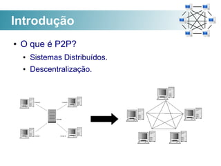 Introdução
●   O que é P2P?
    ●   Sistemas Distribuídos.
    ●   Descentralização.
 