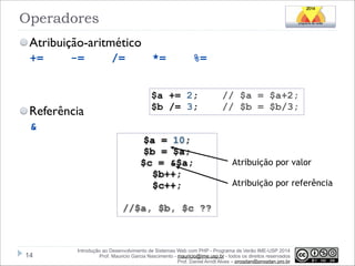 Operadores
Atribuição-aritmético
+=

-=

/=

*=

%=

!
!
Referência

$a += 2;
$b /= 3;

// $a = $a+2;
// $b = $b/3;

&
$a = 10;
$b = $a;
$c = &$a;
$b++;
$c++;

Atribuição por valor

!

Atribuição por referência

!

//$a, $b, $c ??

!14

Introdução ao Desenvolvimento de Sistemas Web com PHP - Programa de Verão IME-USP 2014
Prof. Mauricio Garcia Nascimento - mauricio@ime.usp.br - todos os direitos reservados 
Prof. Daniel Arndt Alves – progdan@progdan.pro.br

 