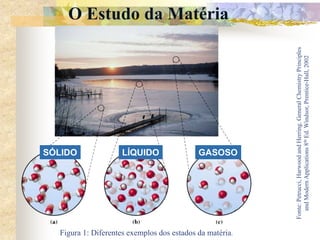 Figura 1: Diferentes exemplos dos estados da matéria.
Fonte:
Petrucci,
Harwood
and
Herring.
General
Chemistry
Principles
and
Modern
Applications
8
th
Ed.
Windsor,
Prentice-Hall,
2002
SÓLIDO LÍQUIDO GASOSO
O Estudo da Matéria
 