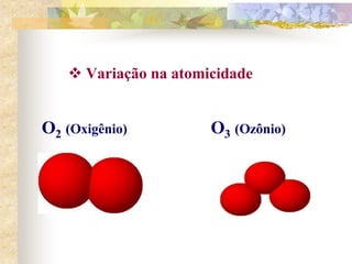  Variação na atomicidade
O2 (Oxigênio) O3 (Ozônio)
 