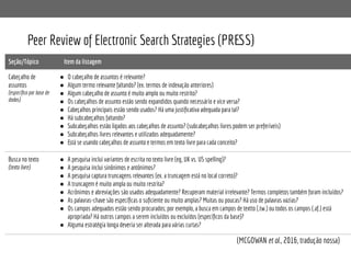 Peer Review of Electronic Search Strategies (PRESS)
(MCGOWAN et al., 2016, tradução nossa)
Seção/Tópico Item da listagem
Cabeçalho de
assuntos
(especíﬁco por base de
dados)
● O cabeçalho de assuntos é relevante?
● Algum termo relevante faltando? (ex. termos de indexação anteriores)
● Algum cabeçalho de assunto é muito amplo ou muito restrito?
● Os cabeçalhos de assunto estão sendo expandidos quando necessário e vice versa?
● Cabeçalhos principais estão sendo usados? Há uma justiﬁcativa adequada para tal?
● Há subcabeçalhos faltando?
● Subcabeçalhos estão ligados aos cabeçalhos de assunto? (subcabeçalhos livres podem ser preferíveis)
● Subcabeçalhos livres relevantes e utilizados adequadamente?
● Está se usando cabeçalhos de assunto e termos em texto livre para cada conceito?
Busca no texto
(texto livre)
● A pesquisa inclui variantes de escrita no texto livre (eg, UK vs. US spelling)?
● A pesquisa inclui sinônimos e antônimos?
● A pesquisa captura truncagens relevantes (ex. a truncagem está no local correto)?
● A truncagem é muito ampla ou muito restrita?
● Acrônimos e abreviações são usados adequadamente? Recuperam material irrelevante? Termos completos também foram incluídos?
● As palavras-chave são especíﬁcas o suﬁciente ou muito amplas? Muitas ou poucas? Há uso de palavras vazias?
● Os campos adequados estão sendo procurados; por exemplo, a busca em campos de textto (.tw.) ou todos os campos (.af.) está
apropriada? Há outros campos a serem incluídos ou excluídos (especíﬁcos da base)?
● Alguma estratégia longa deveria ser alterada para várias curtas?
 