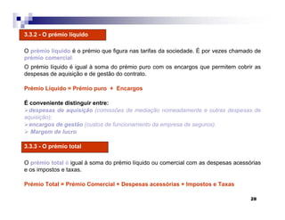 28
3.3.2 - O prémio líquido
O prémio líquido é o prémio que figura nas tarifas da sociedade. É por vezes chamado de
prémio comercial.
O prémio líquido é igual à soma do prémio puro com os encargos que permitem cobrir as
despesas de aquisição e de gestão do contrato.
Prémio Líquido = Prémio puro + Encargos
É conveniente distinguir entre:
despesas de aquisição (comissões de mediação nomeadamente e outras despesas de
aquisição);
encargos de gestão (custos de funcionamento da empresa de seguros).
Margem de lucro
3.3.3 - O prémio total
O prémio total é igual à soma do prémio líquido ou comercial com as despesas acessórias
e os impostos e taxas.
Prémio Total = Prémio Comercial + Despesas acessórias + Impostos e Taxas
 