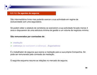 58
6.3.1.2. Os agentes de seguros
São intermediários livres mas poderão exercer a sua actividade em regime de
exclusividade com uma seguradora.
Só podem obter o estatuto de corretores se exercerem a sua actividade há pelo menos 4
anos e dispuserem de uma estrutura mínima de gestão e um volume de negócios mínimo.
São remunerados por comissões de:
- mediação
- cobrança (se exercerem a cobrança).. Angariadores
É o trabalhador de seguros que exerce a mediação para a sua própria Companhia. Só
pode ser remunerado pela comissão de mediação.
O seguinte esquema resume as relações no mercado de seguros.
 