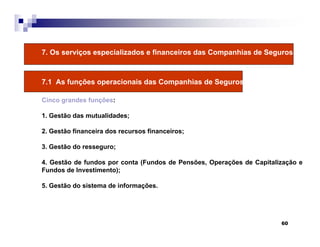 60
7. Os serviços especializados e financeiros das Companhias de Seguros
7.1 As funções operacionais das Companhias de Seguros
Cinco grandes funções:
1. Gestão das mutualidades;
2. Gestão financeira dos recursos financeiros;
3. Gestão do resseguro;
4. Gestão de fundos por conta (Fundos de Pensões, Operações de Capitalização e
Fundos de Investimento);
5. Gestão do sistema de informações.
 