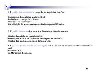 65
1. A gestão das mutualidades engloba as seguintes funções:
-Subscrição de negócios (underwriting);
-Emissão e cobrança de prémios;
-Liquidações de sinistros;
-Constituição de reservas de garantia de responsabilidades.
2. A gestão financeira dos recursos financeiros desdobra-se em:
-Gestão da carteira de investimentos;
-Gestão dos activos de cobertura da margem de solvência;
-Gestão dos saldos correntes e de tesouraria.
3. A gestão do mecanismo do resseguro tem a ver com as funções de refinanciamento ao
nível:
-da Tesouraria;
-da Margem de Solvência.
 
