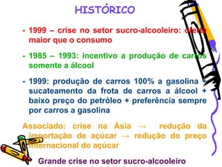 HISTÓRICO
- 1999 – crise no setor sucro-alcooleiro: oferta
maior que o consumo
- 1985 – 1993: incentivo a produção de carros
somente a álcool
- 1999: produção de carros 100% a gasolina +
sucateamento da frota de carros a álcool +
baixo preço do petróleo + preferência sempre
por carros a gasolina
Associado: crise na Ásia → redução da
importação de açúcar → redução do preço
internacional do açúcar
Grande crise no setor sucro-alcooleiro
 