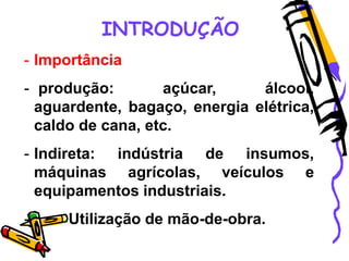 INTRODUÇÃO
- Importância
- produção: açúcar, álcool,
aguardente, bagaço, energia elétrica,
caldo de cana, etc.
- Indireta: indústria de insumos,
máquinas agrícolas, veículos e
equipamentos industriais.
- Utilização de mão-de-obra.
 