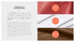 POLIÉSTER
POLIAMIDA
POLIURETANO
F I B R A S Q U Í M I C A S
S I N T É T I C A S
Já as fibras sintéticas são produzidas com matérias-primas simples,
normalmente do petróleo, com as quais se sintetiza o polímero que irá
compor a fibra. Ou seja, são fibras que possuem a mesma composição
do plástico que encontramos em embalagens, brinquedos, etc. As
fibras sintéticas mais populares são o poliéster, a poliamida e o
poliuretano.
•	 Poliéster – Fibra formada de macromoléculas lineares que
apresentam na cadeia pelo menos 85% em massa de éster de diol
e de ácido tereftálico. Muitas peças esportivas são feitas com essa
fibra e ela é muito conhecida por sua versatilidade e custo baixo.
•	 Poliamida – Fibra formada de macromoléculas lineares que
apresentam na cadeia a repetição do grupo funcional amida. Também
é muito utilizada no mercado esportivo e possui ótimo toque.
•	 Poliuretano – Fibra formada de macromoléculas lineares que
apresentam na cadeia a repetição do grupo funcional uretano. Com
certeza você deve reconhecer esse nome das etiquetas de composição
das jaquetas que imitam couro.
 