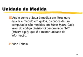 Unidade de Medida
Assim como a água é medida em litros ou o
açúcar é medido em quilos, os dados de um
computador são medidos em bits e bytes. Cada
valor do código binário foi denominado "bit"
(binary digit), que é a menor unidade de
informação.
Vide Tabela
29
 