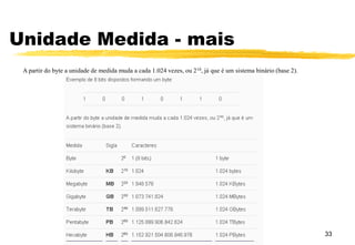 Unidade Medida - mais
33
A partir do byte a unidade de medida muda a cada 1.024 vezes, ou 210, já que é um sistema binário (base 2).
 
