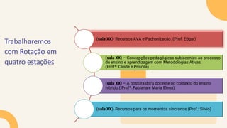 Trabalharemos
com Rotação em
quatro estações
Estação 2
Estação 3
(sala XX)- Recursos AVA e Padronização. (Prof. Edgar)
(sala XX) – Concepções pedagógicas subjacentes ao processo
de ensino e aprendizagem com Metodologias Ativas.
(Profª: Cleide e Priscila)
(sala XX) – A postura do/a docente no contexto do ensino
híbrido.( Profª: Fabiana e Maria Elena)
(sala XX)- Recursos para os momentos síncronos.(Prof.: Silvio)
 