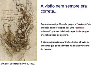A visão nem sempre era
correta...
O Coito. Leonardo da Vinci, 1492.
Segundo a antiga filosofia grega, a "essência" de
um bebê seria fornecida por uma "semente
universal" que era fabricado a partir de sangue
arterial na base do cérebro.
O sêmen desceria a partir do cérebro através de
um canal que pode ser visto na coluna vertebral
do homem.
 