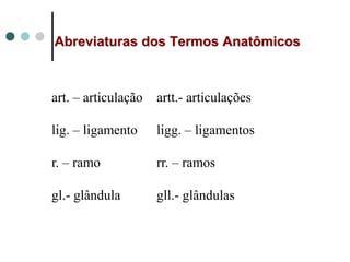 Abreviaturas dos Termos Anatômicos
art. – articulação artt.- articulações
lig. – ligamento ligg. – ligamentos
r. – ramo rr. – ramos
gl.- glândula gll.- glândulas
 
