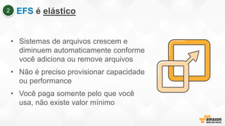 EFS é elástico
• Sistemas de arquivos crescem e
diminuem automaticamente conforme
você adiciona ou remove arquivos
• Não é preciso provisionar capacidade
ou performance
• Você paga somente pelo que você
usa, não existe valor mínimo
2
 