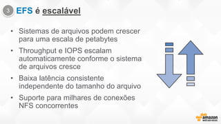 • Sistemas de arquivos podem crescer
para uma escala de petabytes
• Throughput e IOPS escalam
automaticamente conforme o sistema
de arquivos cresce
• Baixa latência consistente
independente do tamanho do arquivo
• Suporte para milhares de conexões
NFS concorrentes
EFS é escalável3
 