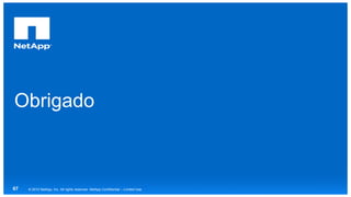 Obrigado
© 2015 NetApp, Inc. All rights reserved. NetApp Confidential – Limited Use67
 