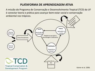 PLATAFORMA DE APRENDIZAGEM ATIVA
A missão do Programa de Conservação e Desenvolvimento Tropical (TCD) da UF
é conectar teoria e prática para avançar bem-estar social e conservação
ambiental nos trópicos.
Kainer et al. 2006.
 