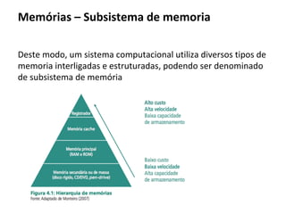 Memórias – Tipos de acesso
Os dispositivos de armazenamento, possuem diferentes tipos de
acesso refletindo no seu tempo de acesso, ou seja, o período de
tempo gasto decorrido desde a solicitação e a transferência da
instrução ou dado. Os principais tipos de acesso são: sequencial
e aleatório
Sequencial: os dados são armazenados e acessados sequencialmente, um
após o outro. A fita magnética é um típico exemplo deste dispositivo. O
tempo de acesso será variável dependendo da localização do dado.
Aleatório: os dados são endereçáveis, sendo acessados e armazenados
diretamente com o mesmo custo computacional, ou seja, sempre o mesmo
tempo de acesso. A memória principal e alguns sistemas de memória cache
utilizam esse tipo de acesso, sendo conhecidas pela sigla inglês RAM
(Random Acess Memory – Memoria de acesso aleatório).
 
