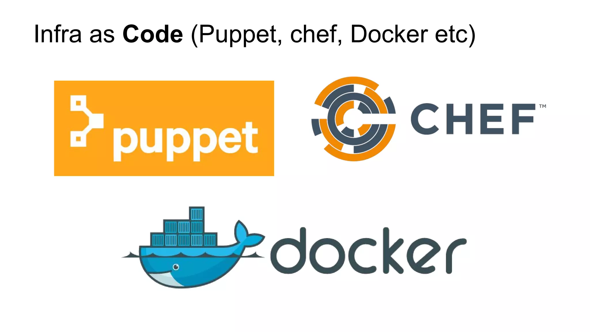 Infra as Code (Puppet, chef, Docker etc)
 