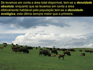 Se levamos em conta a área total disponível, tem-se a densidade
absoluta, enquanto que se levamos em conta a área
efetivamente habitável pela população tem-se a densidade
ecológica, esta última sempre maior que a primeira.
 