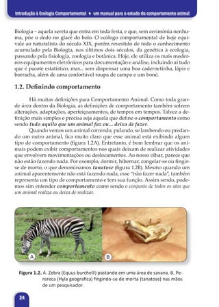 24
Introdução à Ecologia Comportamental ♦ um manual para o estudo do comportamento animal
Biologia – aquela xereta que entra em toda festa, e que, sem cerimônia nenhu-
ma, põe o dedo no glacê do bolo. O ecólogo comportamental de hoje equi-
vale ao naturalista do século XIX, porém revestido de todo o conhecimento
acumulado pela Biologia, nos últimos dois séculos, da genética à ecologia,
passando pela fisiologia, zoologia e botânica. Hoje, ele utiliza os mais moder-
nos equipamentos eletrônicos para documentação e análise, incluindo aí tudo
que é pacote estatístico, mas... sem dispensar uma boa cadernetinha, lápis e
borracha, além de uma confortável roupa de campo e um boné.
1.2. Definindo comportamento
Há muitas definições para Comportamento Animal. Como toda gran-
de área dentro da Biologia, as definições de comportamento também sofrem
alterações, adaptações, aperfeiçoamentos, de tempos em tempos. Talvez a de-
finição mais simples e precisa seja aquela que define o comportamento como
sendo tudo aquilo que um animal faz ou... deixa de fazer.
Quando vemos um animal correndo, pulando, se lambendo ou predan-
do um outro animal, fica muito claro que esse animal está exibindo algum
tipo de comportamento (figura 1.2A). Entretanto, é bom lembrar que os ani-
mais podem exibir comportamentos nos quais deixam de realizar atividades
que envolvem movimentações ou deslocamentos. Ao nosso olhar, parece que
não estão fazendo nada. Por exemplo, dormir, hibernar, congelar-se ou fingir-
se de morto, o que denominamos tanatose (figura 1.2B). Mesmo quando um
animal aparentemente não está fazendo nada, esse “não fazer nada”, também
representa um tipo de comportamento e tem sua função. Assim sendo, pode-
mos sim entender comportamento como sendo o conjunto de todos os atos que
um animal realiza ou deixa de realizar.
A B
Figura 1.2. A. Zebra (Equus burchelli) pastando em uma área de savana. B. Pe-
rereca (Hyla geografica) fingindo-se de morta (tanatose) nas mãos
de um pesquisador.
 