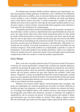 Parte 2 ♦ Guia introdutório ao comportamento animal
69
Os colegas que estudam abelhas podem adquirir, por importação, car-
telas de pequenas calotas plásticas numeradas, com 1 milímetro de diâmetro.
Quando capturam as abelhas, eles as colocam dentro de um tubo semelhante
a uma seringa e, com o êmbolo, empurram as abelhas, de modo que fiquem
com o tórax preso contra uma tela. A calota numerada é colada no tórax da
abelha com uma resina especial. Esse tipo de marcação também pode ser usa-
do para vespas e outros insetos, funcionando bem naqueles mais robustos e
com mais de um centímetro de comprimento.
Artrópodes permitem muitas possibilidades de marcação, em geral, to-
das delicadas e muito variáveis, dependendo das especificidades de cada ani-
mal e de cada estudo. Mas uma coisa muito importante pode ser dita, desde
já, sendo válida para todos os animais: na marcação com cores, seja ela de que
tipo for, tem-se que tomar um cuidado enorme para que essa marca não altere
as características morfológicas do animal em estudo. Na natureza, use marcas
discretas, mesmo que isso dificulte um pouco a identificação. Alterando a co-
loração de um animal, você pode transformar um animal camuflado em um
animal conspícuo. Você pode quebrar sua cripticidade, expondo-o à ação de
predadores. Você pode quebrar uma relação mimética, alterar um comporta-
mento de seleção sexual e assim por diante. Uma marcação equivocada pode
comprometer todo seu estudo e a vida do modelo experimental.
2.8.2. Peixes
Bem, você não vai poder pintá-los não é? O que fazer então? Uma técni-
ca barata, de sucesso garantido e comprovado, consiste em ampolas plásticas,
contendo um pedaço de papel com a identificação do animal em seu interior.
Essas ampolas podem variar de tamanho, dependendo do peixe, mas, geral-
mente, são um pouco maiores do que uma cápsula de remédio. Cada uma
dessas “etiquetas” é presa na nadadeira dorsal do animal capturado, usando
para isso uma agulha com linha de náilon. O animal não fica retido por muito
tempo, toda a manipulação demora um ou dois minutos, sendo o peixe devol-
vido ao seu habitat em boas condições.
Embora essa técnica tenha alguns inconvenientes (por exemplo, não
pode ser empregada em animais pequenos), ela pode ser muito eficiente na
medida em que, nas etiquetas, você pode fazer constar um número de telefo-
ne. O ecólogo José Sabino testou, com relativo sucesso, uma técnica baseada
em fotografar uma folha com números, recortar os números do negativo e
implantá-los sob as escamas de peixes. O tecido parece não rejeitar o filme,
que permanece por um bom tempo no animal. Este colega e alguns outros
têm me informado que estão em teste alguns tipos especiais de tintas e outros
 