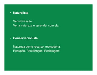 • Naturalista
Sensibilização
Ver a natureza e aprender com ela
• Conservacionista
Natureza como recurso, mercadoria
Redução, Reutilização, Reciclagem
 