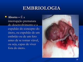 24
EMBRIOLOGIA
EMBRIOLOGIA
 Aborto –
Aborto – É a
É a
interrupção prematura
interrupção prematura
do desenvolvimento e a
do desenvolvimento e a
expulsão do concepto do
expulsão do concepto do
útero, ou expulsão de um
útero, ou expulsão de um
embrião ou de um feto
embrião ou de um feto
antes de se tornar viável,
antes de se tornar viável,
ou seja, capaz de viver
ou seja, capaz de viver
fora do útero.
fora do útero.
 