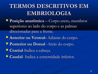 27
TERMOS DESCRITIVOS EM
TERMOS DESCRITIVOS EM
EMBRIOLOGIA
EMBRIOLOGIA
 Posição anatômica
Posição anatômica – Corpo ereto, membros
– Corpo ereto, membros
superiores ao lado do corpo e as palmas
superiores ao lado do corpo e as palmas
direcionadas para a frente.
direcionadas para a frente.
 Anterior ou Ventral-
Anterior ou Ventral- Adiante do corpo.
Adiante do corpo.
 Posterior ou Dorsal
Posterior ou Dorsal -Atrás do corpo.
-Atrás do corpo.
 Cranial
Cranial-Indica a cabeça.
-Indica a cabeça.
 Caudal
Caudal- Indica a extremidade inferior.
- Indica a extremidade inferior.
 