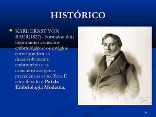 6
HISTÓRICO
HISTÓRICO
 KARL ERNST VON
KARL ERNST VON
BAER(1827)- Formulou dois
BAER(1827)- Formulou dois
importantes conceitos
importantes conceitos
embriológicos: os estágios
embriológicos: os estágios
correspondem ao
correspondem ao
desenvolvimento
desenvolvimento
embrionário e as
embrionário e as
características gerais
características gerais
precedem as específicas.É
precedem as específicas.É
considerado o
considerado o Pai da
Pai da
Embriologia Moderna.
Embriologia Moderna.
 