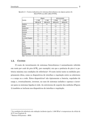 Introdução 7
Quadro 2 – Custos indicativos de sistemas fotovoltaicos em alguns países do
IEA-PVPS em 2001 [IEA-PVPS].
< 1 kW > 1 kW < 10 kW > 10 kW
USD per W USD per W USD per W USD per W
Australia 11,7 9,4 7,1 6,3
Austria - - 6,8 6,2
Switzerland 11,3 9 7 6,1
Denmark 9,2 20 6,9 10,9
Germany 7 7,8 5,5 4,7
Finland 13,2 - 6,8 6,8
France 12,8 19,6 - -
the United Kingdom 14 11,9 10,6 9,4
Italy 11,5 11,1 6,3 6,1
Japan - - 6,2 7,6
Korea 18,1 17,4 11,5 10,3
Mexico 13,3 - - -
the Netherlands - - 5,6 5,3
Norway 10,7 10,7 - -
Sweden 16,6 - 6,2 -
the United States 18,5 16 10 8,5
Note: These prices are indicative installed system prices and exclude sales taxation
Country
Off-grid Grid-connected
1.3. CUSTOS
O custo de investimento de sistemas fotovoltaicos é normalmente referido
em custo por watt de pico (€/Wp, por exemplo), em que a potência de pico é a po-
tência máxima nas condições de referência4. O custo inclui tanto os módulos pro-
priamente ditos, como os dispositivos de interface e regulação entre os colectores
e a carga ou a rede. Estes dispositivos5 são tipicamente a bateria, regulador de
carga e, eventualmente, inversor, no caso de sistemas isolados e apenas o inver-
sor para os sistemas ligados à rede. As estruturas de suporte dos módulos (Figura
1) também se incluem nos dispositivos de interface e regulação.
4 As condições de referência são radiação incidente igual a 1.000 W/m2 e temperatura da célula de
25 ºC (ver Capítulo 2).
5 Balance Of Systems – BOS.
 
