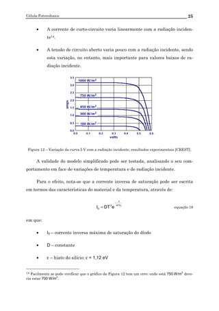 Célula Fotovoltaica 25
• A corrente de curto-circuito varia linearmente com a radiação inciden-
te14.
• A tensão de circuito aberto varia pouco com a radiação incidente, sendo
esta variação, no entanto, mais importante para valores baixos de ra-
diação incidente.
Figura 12 – Variação da curva I-V com a radiação incidente; resultados experimentais [CREST].
A validade do modelo simplificado pode ser testada, analisando o seu com-
portamento em face de variações de temperatura e de radiação incidente.
Para o efeito, nota-se que a corrente inversa de saturação pode ser escrita
em termos das características do material e da temperatura, através de:
TV'm3
0 eDTI
ε
−
= equação 18
em que:
• I0 – corrente inversa máxima de saturação do díodo
• D – constante
• ε – hiato do silício: ε = 1,12 eV
14 Facilmente se pode verificar que o gráfico da Figura 12 tem um erro: onde está 750 W/m
2
deve-
ria estar 700 W/m
2
.
 