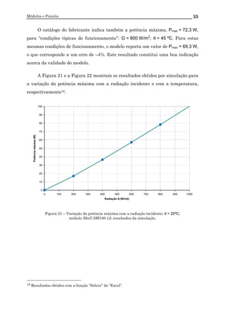 Módulos e Painéis 35
O catálogo do fabricante indica também a potência máxima, Pmax = 72,3 W,
para “condições típicas de funcionamento”: G = 800 W/m2
; θ = 45 ºC. Para estas
mesmas condições de funcionamento, o modelo reporta um valor de Pmax = 69,3 W,
o que corresponde a um erro de –4%. Este resultado constitui uma boa indicação
acerca da validade do modelo.
A Figura 21 e a Figura 22 mostram os resultados obtidos por simulação para
a variação da potência máxima com a radiação incidente e com a temperatura,
respectivamente18.
0
10
20
30
40
50
60
70
80
90
100
0 100 200 300 400 500 600 700 800 900 1000
Radiação G (W/m2)
Potênciamáxima(W)
Figura 21 – Variação da potência máxima com a radiação incidente; θ = 25ºC;
módulo Shell SM100-12; resultados da simulação.
18 Resultados obtidos com a função “Solver” do “Excel”.
 