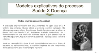 Modelos explicativos do processo
Saúde X Doença
23
Modelo empírico-racional (hipocrático)
A explicação empírico-racional tem seus primórdios no Egito (3000 a.C.). A
tentativa dos primeiros filósofos (século VI a.C.) era encontrar explicações não
sobrenaturais para as origens do universo e da vida, bem como para a saúde e a
doença. Hipócrates (século VI a.C.) estabeleceu a relação homem/meio com o
desenvolvimento de sua Teoria dos Humores, teoria a qual defendia que os
elementos água, terra, fogo e ar estavam subjacentes à explicação sobre a saúde e
a doença.
Saúde, na concepção hipocrática, é fruto do equilíbrio dos humores; a doença é
resultante do desequilíbrio deles, e o cuidado depende de uma compreensão
desses desequilíbrios para buscar atingir o equilíbrio.
 